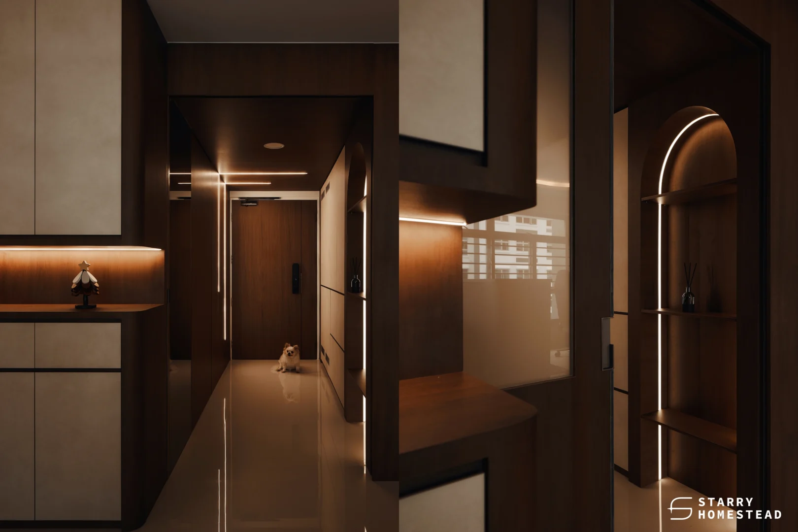 MIRROR PLACED IN A NARROW HDB ENTRYWAY TO REFLECT LIGHT