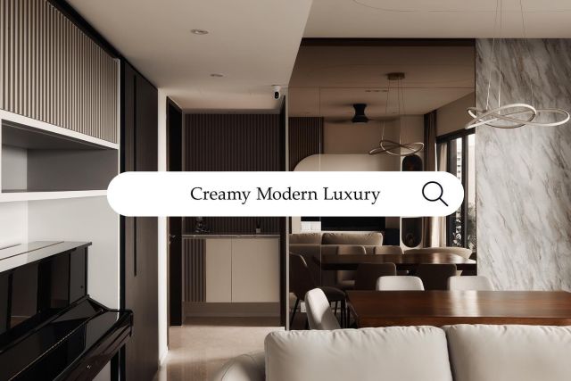 The combination of warm and brilliant colour palettes imbues the space with a sense of serenity and grace, while the luxurious elements create a sleek and elegant atmosphere.
-
11 Silat Avenue // Creamy Modern Luxury
Designer: Zi Nuo
-
#renovation #interiordesign #condo #creamy #modern #luxury #sgid #livingroom