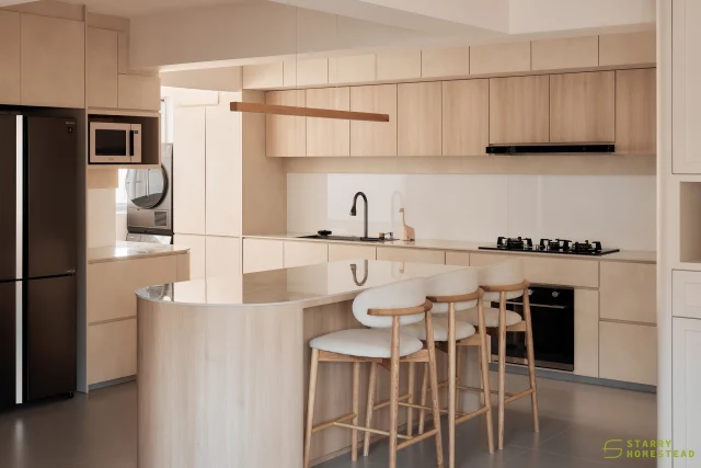 A Japandi kitchen embraces a clean, harmonious blend of Japanese and Scandinavian aesthetics, with the warm tones of natural wood creating a serene and inviting touch.
-
Matilda Sundeck // Japandi
Designer: Darren
-
#starryhomestead #singapore #renovation #interiordesign #sgreno #sgid #condo #bto #hdb #japandi #scandinavian #japanese #livingroom