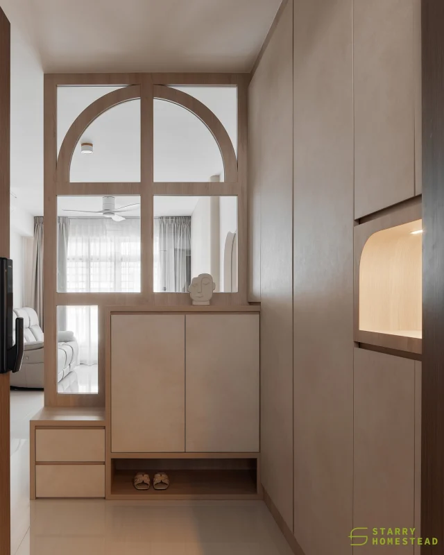 An entrance partition not only increases privacy but also serves as a functional, multi-purpose storage solution. 
-
Garden Vale // Scandinavian
Designer: Jovina
-
#singapore #renovation #interiordesign #sgreno #sgid #sghome #hdb #bto #condo  #scandinavian #modern #livingroom #entrance #foyer #shoecabinet #settee