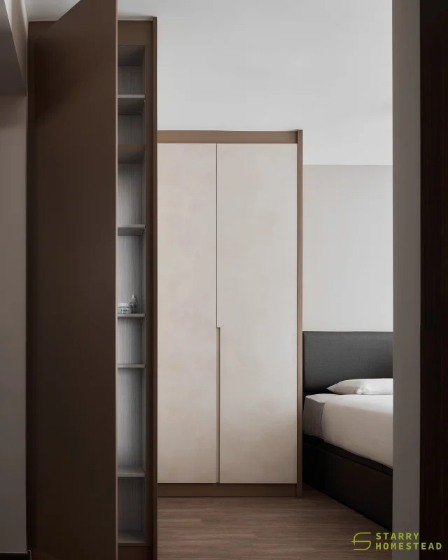 Open the side door to reveal a column of shelves for beauty and skincare products — a truly amazing design that maximises wardrobe space. 
-
Garden Vale // Scandinavian
Designer: Jovina
-
#singapore #renovation #interiordesign #sgreno #sgid #sghome #hdb #bto #condo  #scandinavian #modern #bedroom #wardrobe