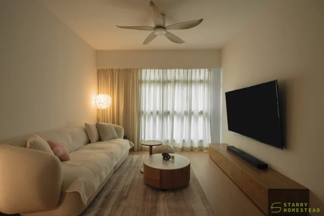 The soft cream tones create a delicate visual pleasure, exuding warmth, cosiness, and a sense of timeless elegance. 
-
Punggol Point Cove // Creamy Muji
Designer: Ying Xing
-
#starryhomestead #singapore #renovation #interiordesign #qanvast #homematch #hometrust #sghomedecor #interiordesigninspo #sgreno #sgid #sghome #hdb #bto #condo #landed #commercial #scandinavian #modern #minimalist #creamy #muji #livingroom