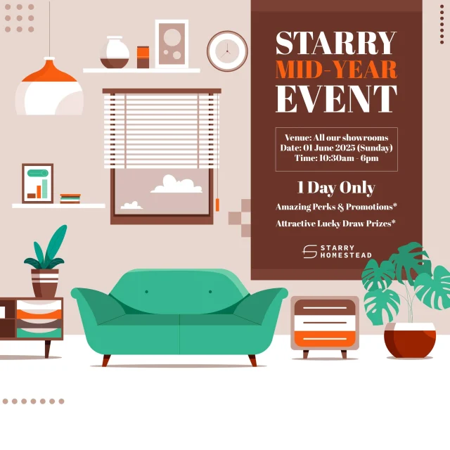Do you know? 𝐒𝐭𝐚𝐫𝐫𝐲 𝐌𝐢𝐝-𝐘𝐞𝐚𝐫 𝐄𝐯𝐞𝐧𝐭 is back!

Join us on 𝟏 𝐉𝐮𝐧𝐞 𝟐𝟎𝟐𝟓 (𝐒𝐮𝐧𝐝𝐚𝐲), from 𝟏𝟎:𝟑𝟎 𝐀𝐌 to 𝟔:𝟎𝟎 𝐏𝐌.

Sign contract during the event day to enjoy 𝐚𝐦𝐚𝐳𝐢𝐧𝐠 𝐩𝐞𝐫𝐤𝐬 𝐚𝐧𝐝 𝐩𝐫𝐨𝐦𝐨𝐭𝐢𝐨𝐧𝐬! 
Plus, stand a chance to win 𝐚𝐭𝐭𝐫𝐚𝐜𝐭𝐢𝐯𝐞 𝐩𝐫𝐢𝐳𝐞𝐬 in our 𝐥𝐮𝐜𝐤𝐲 𝐝𝐫𝐚𝐰!
*Terms and conditions apply.

📍 𝐋𝐨𝐜𝐚𝐭𝐢𝐨𝐧𝐬:
𝐄𝐚𝐬𝐭 𝐒𝐡𝐨𝐰𝐫𝐨𝐨𝐦
140 Paya Lebar Road
#01-01, AZ@Paya Lebar
Singapore 409015

𝐂𝐞𝐧𝐭𝐫𝐚𝐥 𝐒𝐡𝐨𝐰𝐫𝐨𝐨𝐦
511 Balestier Road
Singapore 329849

Mark your calendars and come meet our interior designers.
Don’t miss this exciting event—see you there!

For more details:
☎ 6778 6866
📲 8108 6866
📧 enquiry@starryhomestead.com