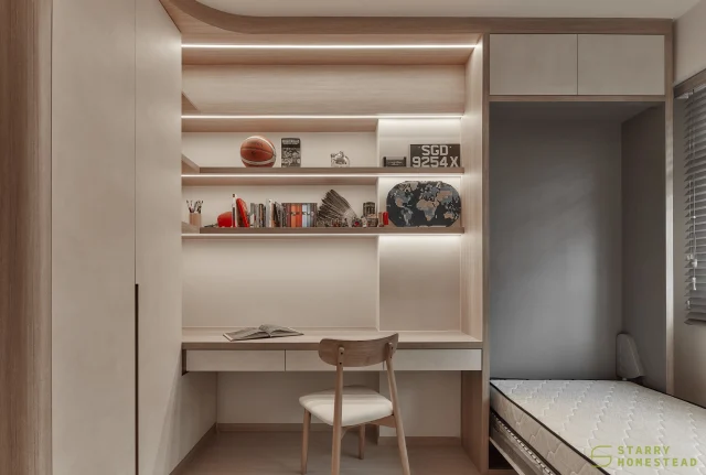 A smart room design isn’t just about appearance, it’s also about the functionality it provides, like a space-saving murphy bed.
-
Sun Breeze // Nordic luxury 
Designer: Darien & Xiao Min
-
#starryhomestead #singapore #renovation #interiordesign #qanvast #homematch #hometrust #sghomedecor #interiordesigninspo #sgreno #sgid #sghome #hdb #bto #condo #landed #modern #scandinavian #nordic #luxury #studyroom #workingspace #murphybed #bedroom #display