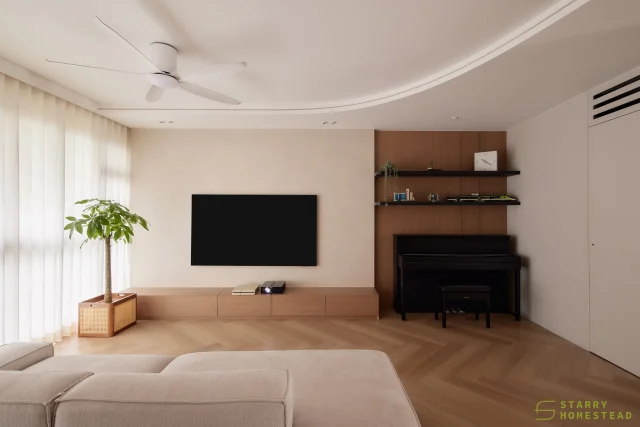 Modern Minimalism meets Mid-Century character — a blend of clean lines and nostalgic charm that gives the space a distinct vibe.
-
Tampines GreenCres // Modern 
Designer: Ashley
-
#starryhomestead #singapore #renovation #interiordesign #qanvast #homematch #hometrust #sghomedecor #interiordesigninspo #sgreno #sgid #sghome #hdb #bto #condo #landed #modern #scandinavian #minimalist #midcenturydesign #livingroom #curve