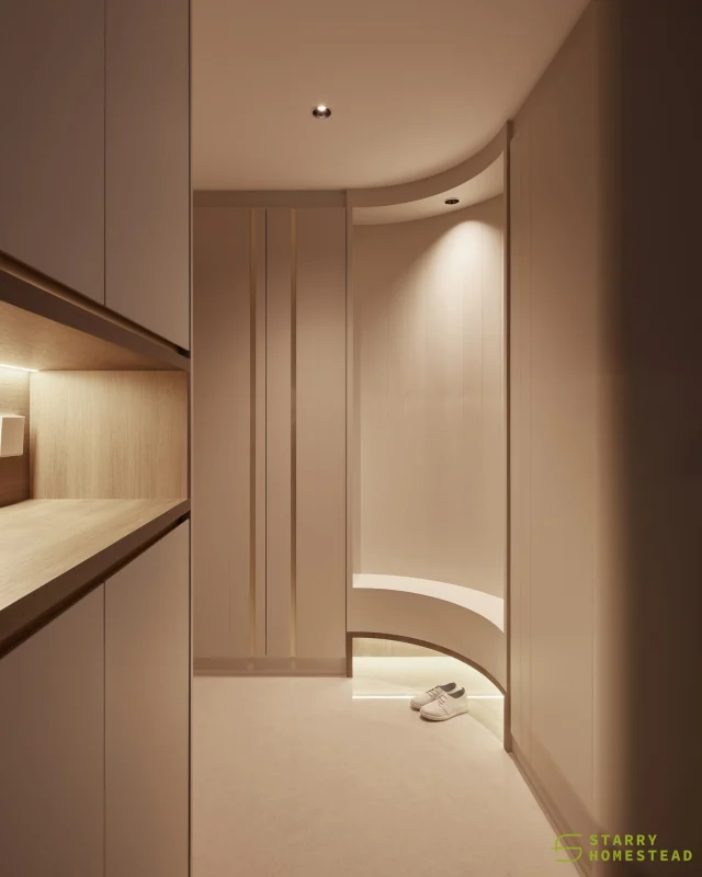 The entrance is the first space you encounter when entering a home - curved design elements create a soft flow, while its minimalist style adds an inviting touch. 
-
Garden Court @ Tengah // Creamy Luxury
Designer: Si Han
-
#starryhomestead #singapore #renovation #interiordesign #qanvast #homematch #hometrust #sghomedecor #interiordesigninspo #sgreno #sgid #sghome #hdb #bto #condo #landed #modern #luxury #creamy #minimalist #entrance