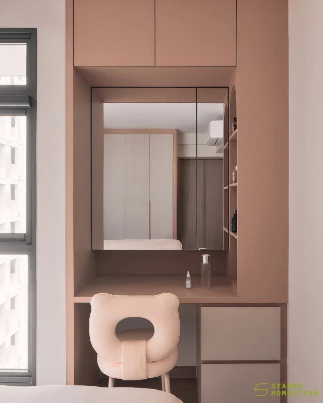 Make the most of your recess area, turn it into a functional beauty nook with a built-in dressing table and clever storage.
-
Parc Clover @ Tengah // Muji
Designer: Christine
-
#starryhomestead #singapore #renovation #interiordesign #qanvast #homematch #hometrust #sghomedecor #interiordesigninspo #sgreno #sgid #sghome #hdb #bto #condo #landed #modern #muji #scandinavian #carpentry #display #dressingtable #makeup #makeutable