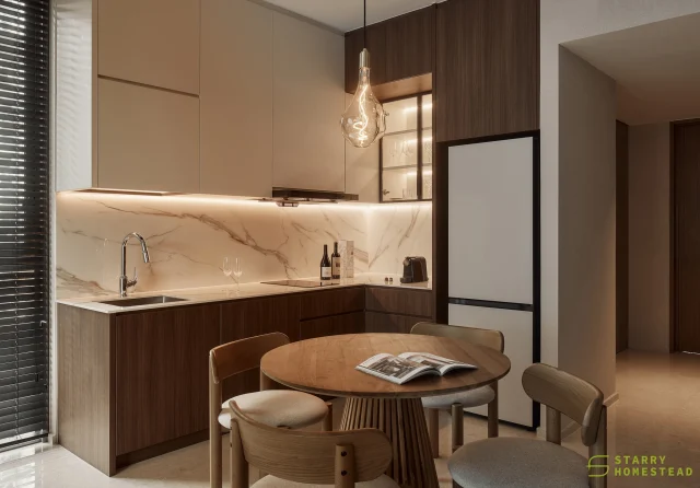 An L-shaped kitchen is a great option for a small unit, and a well-designed workflow can significantly improve the experience of cooking and preparing food.
-
Marine Blue // Mid-Century Modern
Designer: Chloe
-
#starryhomestead #singapore #renovation #interiordesign #qanvast #homematch #hometrust #sghomedecor #interiordesigninspo #sgreno #sgid #sghome #hdb #bto #condo #landed #modern #midcenturydesign #kitchendesign #diningarea