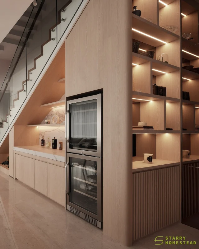 Say no to wasted space! Let it become a display shelf, a rotating table, or storage, making your life easier.
-
Hong Kong Park // Japandi Luxury 
Designer: Darien
-
#starryhomestead #singapore #renovation #interiordesign #qanvast #homematch #hometrust #sghomedecor #interiordesigninspo #sgreno #sgid #sghome #hdb #bto #condo #landed #commercial #modern #japandi #luxury #kitchen #diningarea