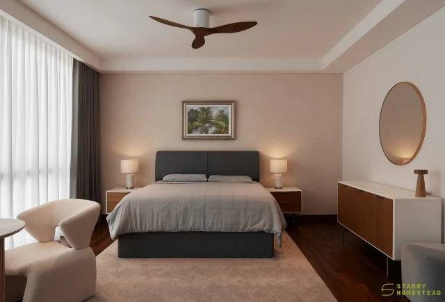 Warm wood tones and calming grey shades soften the bold luxury vibe in the bedroom, making it feel cosy and relaxed.
-
Hua Guan Avenue // Japandi Luxury 
Designer: Darien
-
#starryhomestead #singapore #renovation #interiordesign #qanvast #homematch #hometrust #sghomedecor #interiordesigninspo #sgreno #sgid #sghome #hdb #bto #condo #landed #commercial #modern #japandi #luxury #bedroom