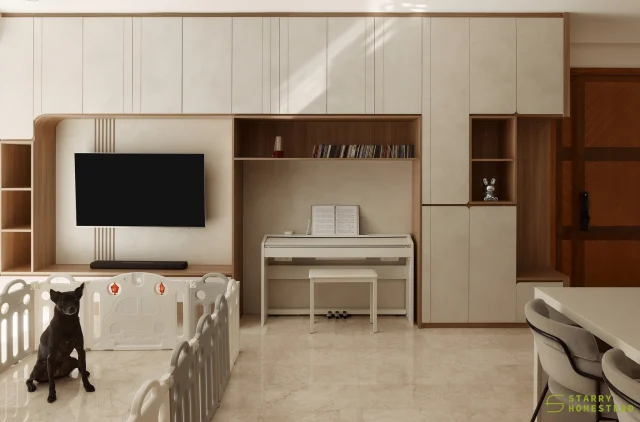 This living room isn’t just for living; it is all about being practical, organised, and ready for everyday life!
-
The Tessarina // Japandi
Designer: Xiao Min
-
#starryhomestead #singapore #renovation #interiordesign #qanvast #homematch #hometrust #sghomedecor #interiordesigninspo #sgreno #sgid #sghome #hdb #bto #condo #landed #commercial #modern #japandi #wabisabi #livingroom #tvconsole #tvwall