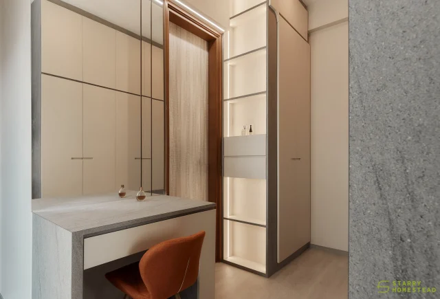 Make full use of the space and create the perfect flow for makeup, dressing up, and glowing up.
-
The Tessarina // Japandi
Designer: Xiao Min
-
#starryhomestead #singapore #renovation #interiordesign #qanvast #homematch #hometrust #sghomedecor #interiordesigninspo #sgreno #sgid #sghome #hdb #bto #condo #landed #commercial #modern #japandi #wabisabi #livingroom #tvconsole
#tvwall