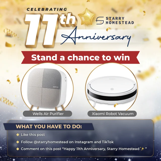 🎉𝐒𝐭𝐚𝐫𝐫𝐲 𝐇𝐨𝐦𝐞𝐬𝐭𝐞𝐚𝐝 𝐢𝐬 𝐭𝐮𝐫𝐧𝐢𝐧𝐠 𝟏𝟏! 🎉
To celebrate our 11th Anniversary, we are giving away some homeowner favourites:
𝐖𝐞𝐥𝐥𝐬 𝐀𝐢𝐫 𝐏𝐮𝐫𝐢𝐟𝐢𝐞𝐫 & 𝐗𝐢𝐚𝐨𝐦𝐢 𝐑𝐨𝐛𝐨𝐭 𝐕𝐚𝐜𝐮𝐮𝐦! ✨

How to win in 3 easy steps:

1️⃣ Like this post
2️⃣ Follow @𝐬𝐭𝐚𝐫𝐫𝐲𝐡𝐨𝐦𝐞𝐬𝐭𝐞𝐚𝐝 on 𝐈𝐧𝐬𝐭𝐚𝐠𝐫𝐚𝐦 and  𝐓𝐢𝐤𝐓𝐨𝐤 
3️⃣ Comment below: “𝐇𝐚𝐩𝐩𝐲 𝟏𝟏𝐭𝐡 𝐀𝐧𝐧𝐢𝐯𝐞𝐫𝐬𝐚𝐫𝐲, 𝐒𝐭𝐚𝐫𝐫𝐲 𝐇𝐨𝐦𝐞𝐬𝐭𝐞𝐚𝐝✨” 

Do not forget to share this amazing giveaway with your friends! Celebrate with us and grab your chance to win!