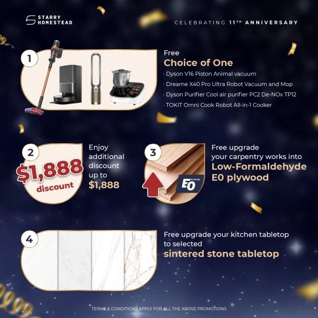 🌟 The most exciting reno promo of the year is here! 🌟

Mark your calendar from 𝟐𝟖𝐭𝐡 𝐭𝐨 𝟑𝟎𝐭𝐡 𝐍𝐨𝐯𝐞𝐦𝐛𝐞𝐫 to celebrate our 11th Anniversary, sign your contract with us and enjoy up to 8 exclusive perks!

🎈 Sign with us during the promotion period and join our event on 𝟑𝟎𝐭𝐡 𝐍𝐨𝐯𝐞𝐦𝐛𝐞𝐫, where even more surprises await:

🎯 Play fun games and win attractive prizes

🍔 Enjoy our live food stations

You’ll also be entitled to our 𝐒𝐮𝐫𝐞-𝐖𝐢𝐧 𝐋𝐮𝐜𝐤𝐲 𝐃𝐫𝐚𝐰 and stand a chance to walk away with our 𝐆𝐫𝐚𝐧𝐝 𝐏𝐫𝐢𝐳𝐞 𝐰𝐨𝐫𝐭𝐡 $𝟏𝟎,𝟎𝟎𝟎! 💰

Stop thinking and sign your contract with us to enjoy these incredible promotions and rewards! 🎊

Find out more about our 11th Anniversary Celebration:
👉 ttps://starryhomestead.com/events/11th-anniversary/

*Terms & Conditions apply.