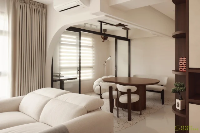 The space originally served as a bedroom, but by removing the wall, it now opens into a cosy dining area and a study room designed to offer a calm, serene place to work.
-
Parc Woods @ Tengah // Wabi-Sabi
Designer: Si Ming
-
#starryhomestead #singapore #renovation #interiordesign #qanvast #homematch #hometrust #sghomedecor #interiordesigninspo #sgreno #sgid #sghome #hdb #bto #condo #landed #commercial #modern #wabisabi #scandinavian #diningarea #studyroom