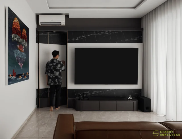 The black colour scheme introduces a calm, elevated luxury. In combination with the extended TV wall and its concealed door, the space achieves greater visual spaciousness and a modern luxe sophistication.
-
Parc Clematis // Modern Contemporary Luxe 
Designer: Nixon
-
#starryhomestead #singapore #renovation #interiordesign #qanvast #homematch #hometrust #sghomedecor #interiordesigninspo #sgreno #sgid #sghome #hdb #bto #condo #landed #commercial #modern #comtemporary #luxury