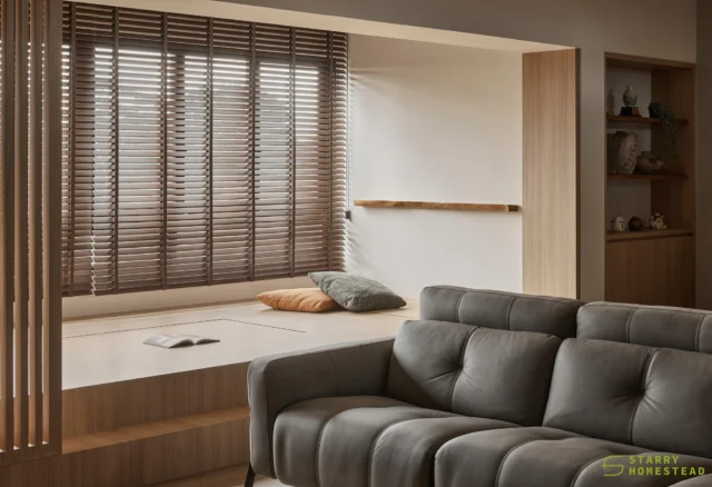 The tatami becomes a cosy chit-chat haven with an adjustable table.

When raised, it is perfect for meals or games and when closed, it transforms into a relaxing resting spot. 

Hidden storage below keeps the space tidy, maintaining a clean, minimalist look while making full use of every inch.
-
Chempaka Court // Japandi
Designer: Chloe & Ashley
-
#starryhomestead #singapore #renovation #interiordesign #qanvast #homematch #hometrust #sghomedecor #interiordesigninspo #sgreno #sgid #sghome #hdb #bto #condo #landed #commercial #modern #wabisabi #scandinavian #japandi #japanstyle #livingroom #tatami #restingarea