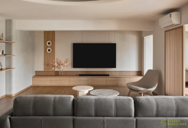 Feel the space come alive with the airiness and comfort of a muted palette and clean lines, embracing the beauty of asymmetry and texture.
-
Chempaka Court // Japandi
Designer: Chloe & Ashley
-
#starryhomestead #singapore #renovation #interiordesign #qanvast #homematch #hometrust #sghomedecor #interiordesigninspo #sgreno #sgid #sghome #hdb #bto #condo #landed #commercial #modern #wabisabi #scandinavian #japandi #japanstyle #livingroom