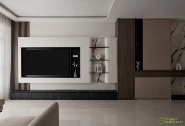 Inspired by Modern Italian aesthetics, the design embraces a low-saturation colour palette as its main tone, while carefully selected materials add a subtle sense of luxury. 
The space conveys both comfort and understated elegance.
-
Dakota One // Modern Contemporary 
Designer: Hailey
-
#starryhomestead #singapore #renovation #interiordesign #qanvast #homematch #hometrust #sghomedecor #interiordesigninspo #sgreno #sgid #sghome #hdb #bto #condo #landed #commercial #modern #comtemporary #luxury #livingroom #studyroom