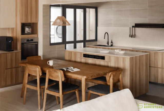 An open kitchen is ideal for those who cook less often, offering a spacious layout that makes cooking enjoyable while still connecting with family and guests.
-
ParkEdge @ Bidadari // Modern Japandi
Designer: Yan Li
-
#starryhomestead #singapore #renovation #interiordesign #qanvast #homematch #hometrust #homedecor #interiors #interiorinspo #interiordesigninspo #sgreno #sgid #sghome #minimalistliving #hdb #bto #condo #scandinavian #modern #japandi #wabisabi #minimalist #kitchen #kitcheninterior #kitchenorganization #openkitchendesign #kitchenisland
