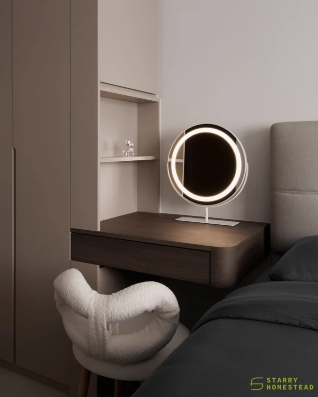 The wardrobe is always a key consideration in the bedroom, and by combining a dressing table, wardrobe, and display elements, the design achieves both functionality and a cohesive, well-balanced aesthetic.
-
Dakota One // Modern Contemporary 
Designer: Hailey
-
#starryhomestead #singapore #renovation #interiordesign #qanvast #homematch #hometrust #homedecor #interiors #interiorinspo #interiordesigninspo #renovationinspo #sginteriordesign #sgrenovation #interior #design #singaporehomes #sghome #hdb #bto #condo #landed #commercial #modern #comtemporary #luxury #bedroominspo #bedroominterior #wardrobedesign #dressingtable