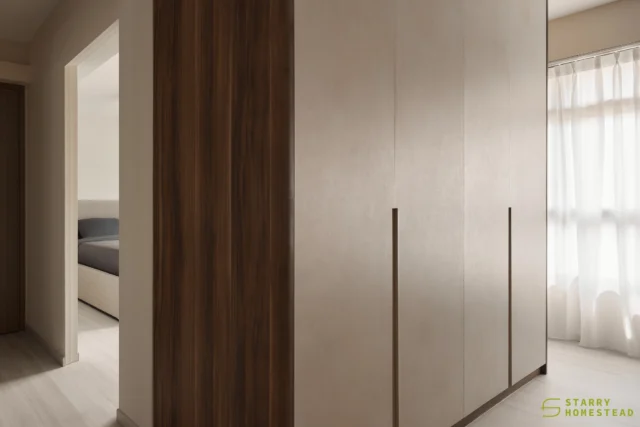 Good space planning makes all the difference ✨

By combining the master and common bedroom, we created a dual-zone layout — a restful sleeping area and a functional walk-in wardrobe.

Two separate entryways lead into the resting area — one closer to the bathroom, and the other near the dressing zone allowing flexibility to accommodate different routines while minimising disturbance to each other’s rest.

Creating a home that is not only functional, but also thoughtfully designed for everyday living.
-
ParkEdge @ Bidadari // Modern Japandi
Designer: Yan Li
-
#starryhomestead #singapore #renovation #interiordesign #qanvast #homematch #hometrust #homedecor #interiors #interiorinspo #interiordesigninspo #sgreno #sgid #sghome #minimalistliving #hdb #bto #condo #scandinavian #modern #japandi #wabisabi #minimalist #bedroom #bedroominspo #dressingtables  #walkinwardrobes