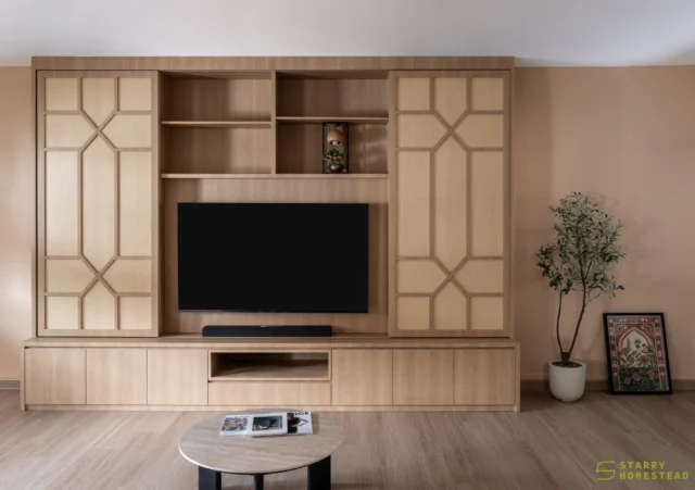 The Shoji-inspired TV cabinet brings Modern Muji elegance to life, featuring sliding doors that gracefully shift to reveal or tuck away your storage and displays. 

It is a thoughtful blend of Japanese tradition and multi-functional design, keeping your sanctuary clutter-free and beautifully balanced.
-
Jurong West St 42 // Modern Muji
Designer: Darren & Jeffery
-
#starryhomestead #singapore #renovation #interiordesign #qanvast #homematch #hometrust #sghomedecor #singaporeinteriordesign #interiordesigninspo #sginterior #sgreno #sgid #sghome #hdbdesign #btodesign #condodesign #landed #commercial #modern #comtemporary #scandinavian #muji #japandi #tvwall