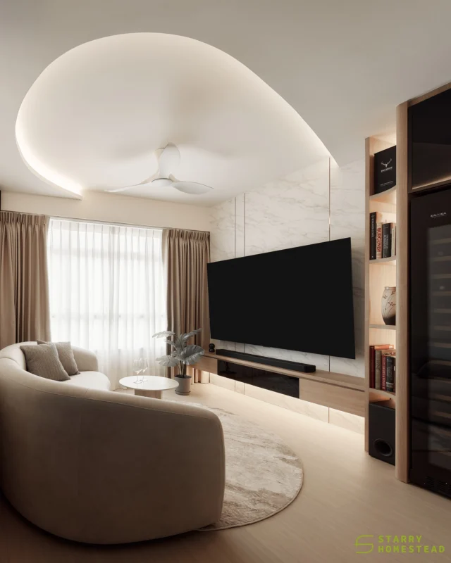 Curves appear everywhere, bringing softness to the interior aesthetics and breaking the repetition of strong angular lines. With the incorporation of soft tones, the overall vibe becomes gentle and harmonious.
-
Sun Breeze // Nordic luxury
Designer: Darien & Xiao Min
-
#starryhomestead #singapore #renovation #interiordesign #qanvast #homematch #hometrust #sghomedecor #interiordesigninspo #sgreno #sgid #sghome #hdb #bto #condo #landed #modern #scandinavian #nordic #luxury #livingroom #falseceiling