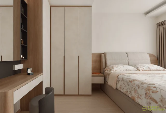 Light and soft tones are always recommended for a resting space, creating a calm and relaxing atmosphere. 

The curved ceiling further softens the interior, adding a gentle and soothing feel, while the cabinetry seamlessly connects the dressing table, wardrobe, and platform bed to create a more cohesive and integrated look.
-
Sun Breeze // Nordic luxury
Designer: Darien & Xiao Min
-
#starryhomestead #singapore #renovation #interiordesign #qanvast #homematch #hometrust #sghomedecor #interiordesigninspo #sgreno #sgid #sghome #hdb #bto #condo #landed #modern #scandinavian #nordic #luxury #bedroom #dressingtable #lshapedwardrobe