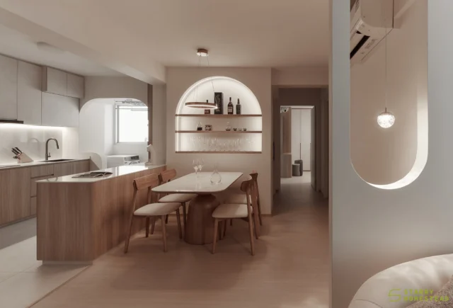 In love with all the soft curves and warm textures in this space. 

The open-concept layout paired with curved design elements makes the space feel airy and softened. Within this relaxing atmosphere, cooking becomes more enjoyable, while every meal feels warm and comforting.
-
Sun Breeze // Nordic luxury
Designer: Darien & Xiao Min
-
#starryhomestead #singapore #renovation #interiordesign #qanvast #homematch #hometrust #sghomedecor #interiordesigninspo #sgreno #sgid #sghome #hdb #bto #condo #landed #modern #scandinavian #nordic #luxury #livingroom #kitchenhacks