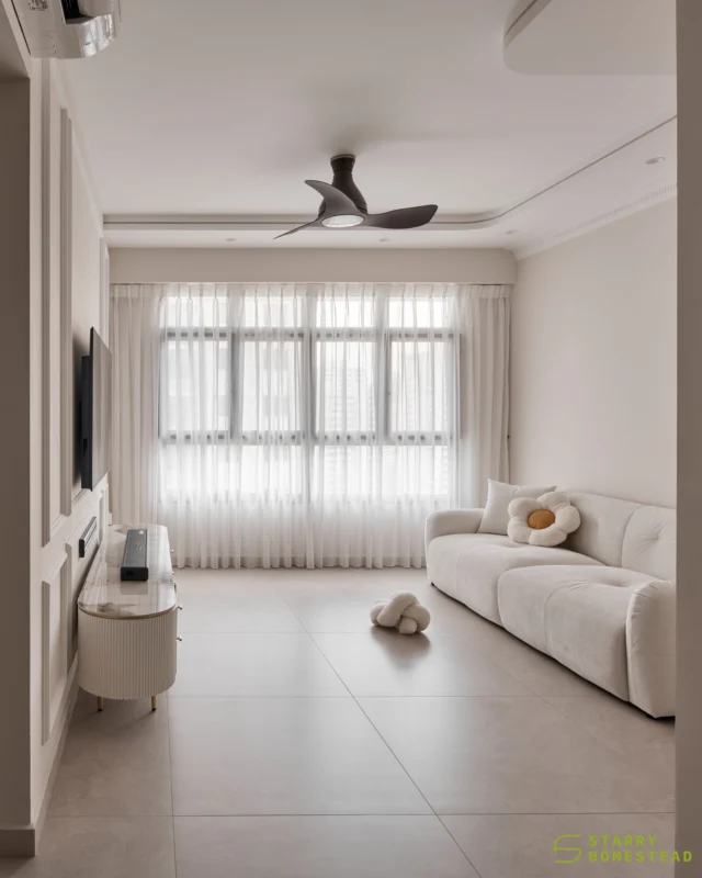 An elegant atmosphere brought to life through a “Creamy French” inspired home 🤍

Featuring soft creamy tones, delicate French plaster mouldings, curved ceilings, and a cloud-like sofa — every detail comes together effortlessly to create a warm and charming creamy aesthetic.
-
Bishan Towers // Creamy French
Designer: Zheng Sheng
-
#starryhomestead #singapore #renovation #interiordesign #qanvast #homematch #hometrust #sghomedecor #interiordesigninspo #sgreno #sgid #sghome #hdb #bto #condo #landed #commercial #modern #creamy #french #falseceiling #minimalist