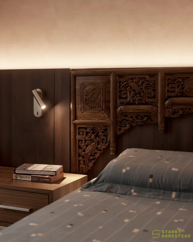 Pierced carving patterns that echo a sense of heritage and timeless craftsmanship, bringing intricate detailing and cultural depth into the space.
-
Changi Rise // Modern Oriental
Designer: Nixon
-
#starryhomestead #singapore #renovation #interiordesign #qanvast #homematch #hometrust #homedecor #interiors #interiorinspo #interiordesigninspo #renovationinspo #sginteriordesign #sgrenovation #interior #design #singaporehomes #sghome #hdb #bto #condo #modern #comtemporary #oriental #retro #bedroom