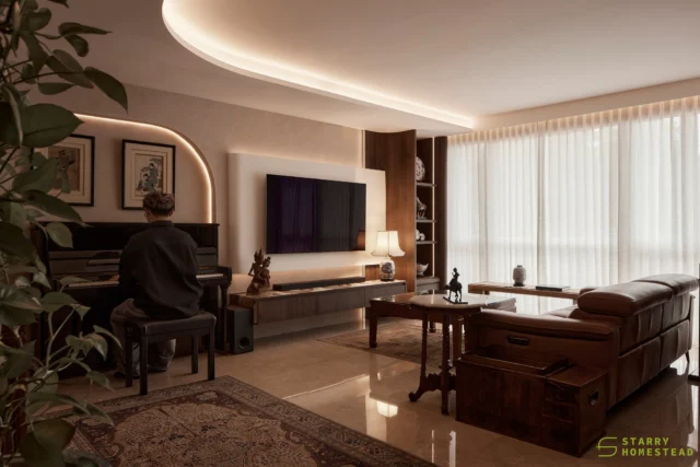 A blend of modern comfort and timeless heritage, where every corner tells a story. 

Every line, detail, and lighting element reveals its own design narrative, carrying a subtle sense of nostalgia and timeless charm.
-
Changi Rise // Modern Oriental
Designer: Nixon
-
#starryhomestead #singapore #renovation #interiordesign #qanvast #homematch #hometrust #homedecor #interiors #interiorinspo #interiordesigninspo #renovationinspo #sginteriordesign #sgrenovation #interior #design #singaporehomes #sghome #hdb #bto #condo #modern #comtemporary #oriental #retro #livingroom