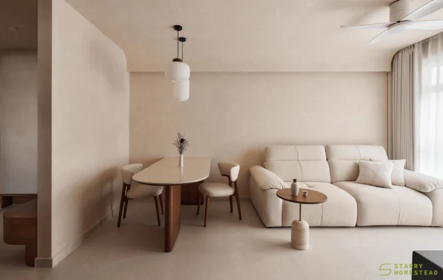 A warm and serene living area, where light carries a subtle Zen calm, and limewash finishes unfold like a quiet poem of texture, restraint, and natural beauty.
-
Canberra Vista // Wabi-Sabi
Designer: Si Han
-
#starryhomestead #singapore #renovation #interiordesign #qanvast #homematch #hometrust #homedecor #interiors #interiorinspo #interiordesigninspo #renovationinspo #sginteriordesign #sgrenovation #interior #design #singaporehomes #sghome #hdb #bto #condo #modern #comtemporary #wabisabi #japandi #livingroom