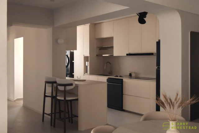 A kitchen where warmth meets simplicity. The arched opening frames the open-concept kitchen, enhancing the sense of flow while soft lighting and creamy finishes create a calm, welcoming atmosphere.
-
Tampines GreenJade // Creamy minimalist
Designer: Zheng Sheng
-
#starryhomestead #singapore #renovation #interiordesign #qanvast #homematch #hometrust #homedecor #interiors #interiorinspo #interiordesigninspo #renovationinspo #sginteriordesign #sgrenovation #interior #design #singaporehomes #sghome #hdb #bto #condo #modern #creamy #minimalist #kitchendesign