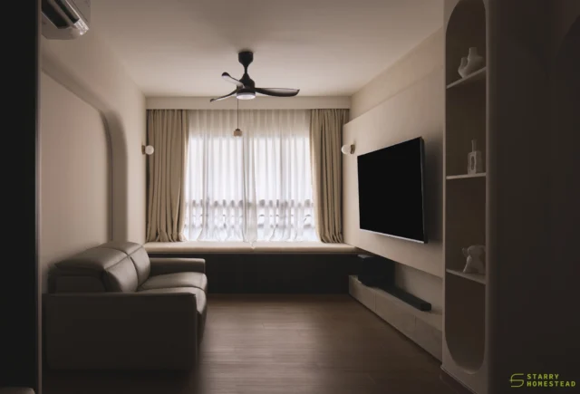 Curved design elements are carried throughout the home, from the TV feature wall to the display area and walkway, adding a softer aesthetic while enhancing the sense of space.
-
Tampines GreenJade // Mid-Century Modern
Designer: Roy
-
#starryhomestead #singapore #renovation #interiordesign #qanvast #homematch #hometrust #homedecor #interiors #interiorinspo #interiordesigninspo #renovationinspo #sginteriordesign #sgrenovation #interior #design #singaporehomes #sghome #hdb #bto #condo #modern #contemporarydesign