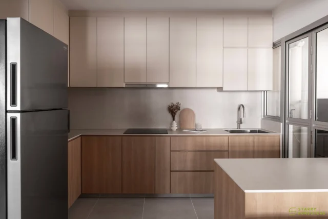 The kitchen brings together soft cream cabinetry on top and rich wood tones below — a balanced, warm combination that feels effortlessly put together. Aside from the colour palette, functionality is just as much a priority, with the island offering extra space for food preparation.
-
MacPherson Blossom // Japandi
Designer: Nelson
-
#starryhomestead #singapore #renovation #interiordesign #qanvast #homematch #hometrust #homedecor #interiors #interiorinspo #interiordesigninspo #renovationinspo #sginteriordesign #sgrenovation #interior #design #singaporehomes #sghome #hdb #bto #scandinavian #japandi #kitchen #kitchenremodelideas